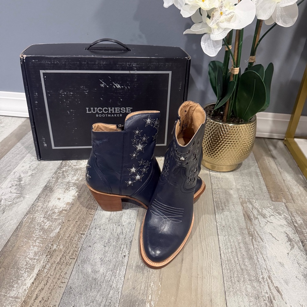 Lucchese Women's Blue Star Ankle Boots - NY Cow Zip Booties Lil Stars - Stardust - Picture 12 of 13